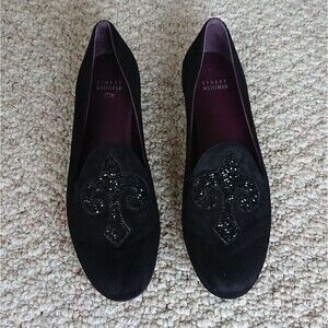 Stuart Weitzman sparkling Fleur De Lis Black Loafers size 8.5 Narrow / 8